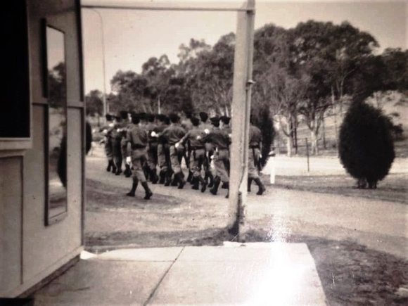 1970 202 Class Marching Away from Hut on Lower Rd to Pde ground Facebook photo
